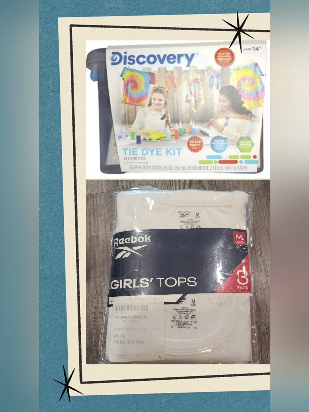 Discovery Kids Tie Dye Kit With Glitter  And 3 Rebook White T-Shirts Size Medium